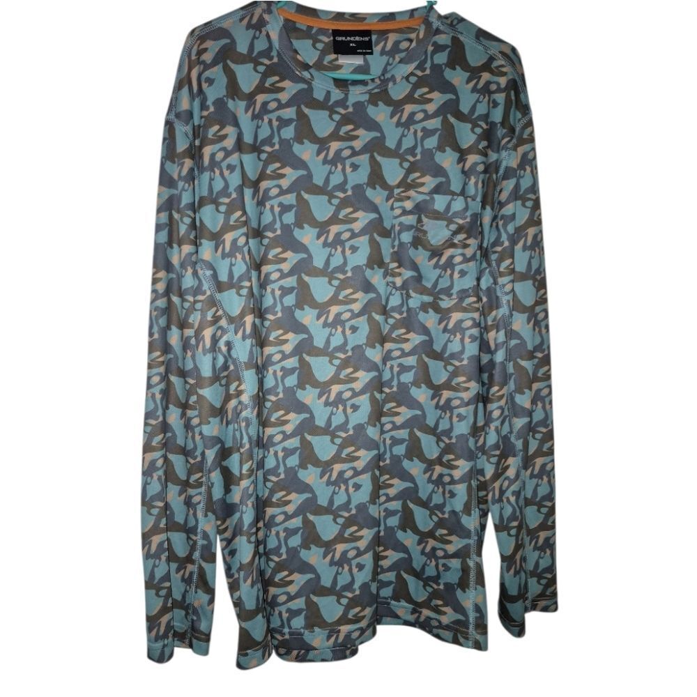 Grundens Fish Head Tech  Shirt Turquoise Camo Long Sleeve Top Outdoor Mens XL